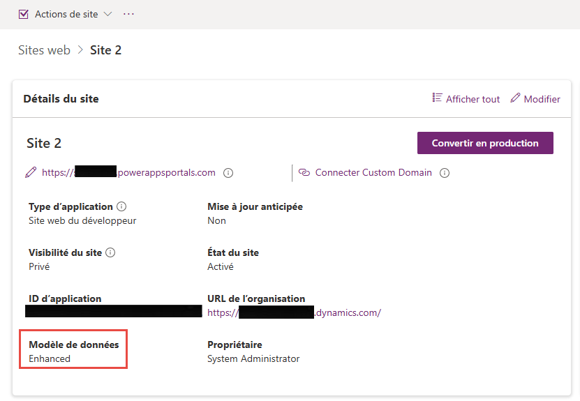 Capture d’écran montrant le champ Modèle de données défini sur Amélioré dans la section Détails du site pour un site.