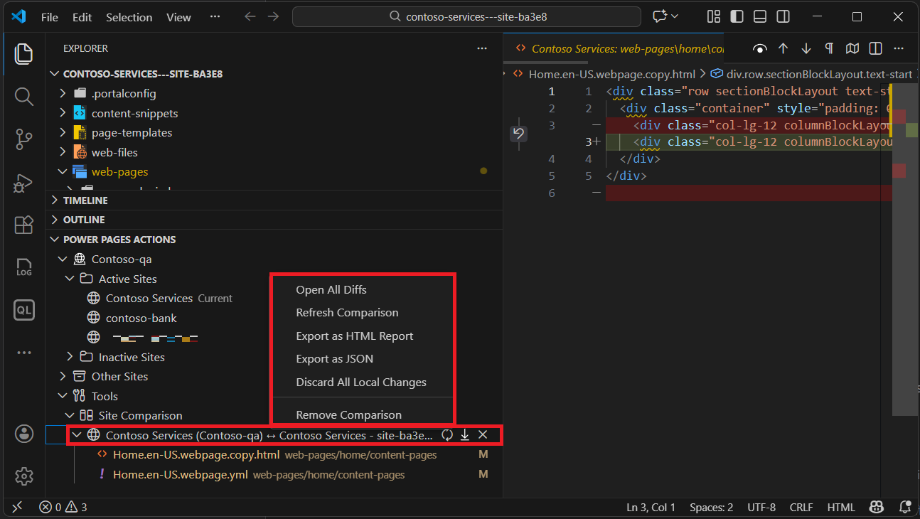 Capture d’écran montrant les options avaiables sous l’onglet Comparaison de sites