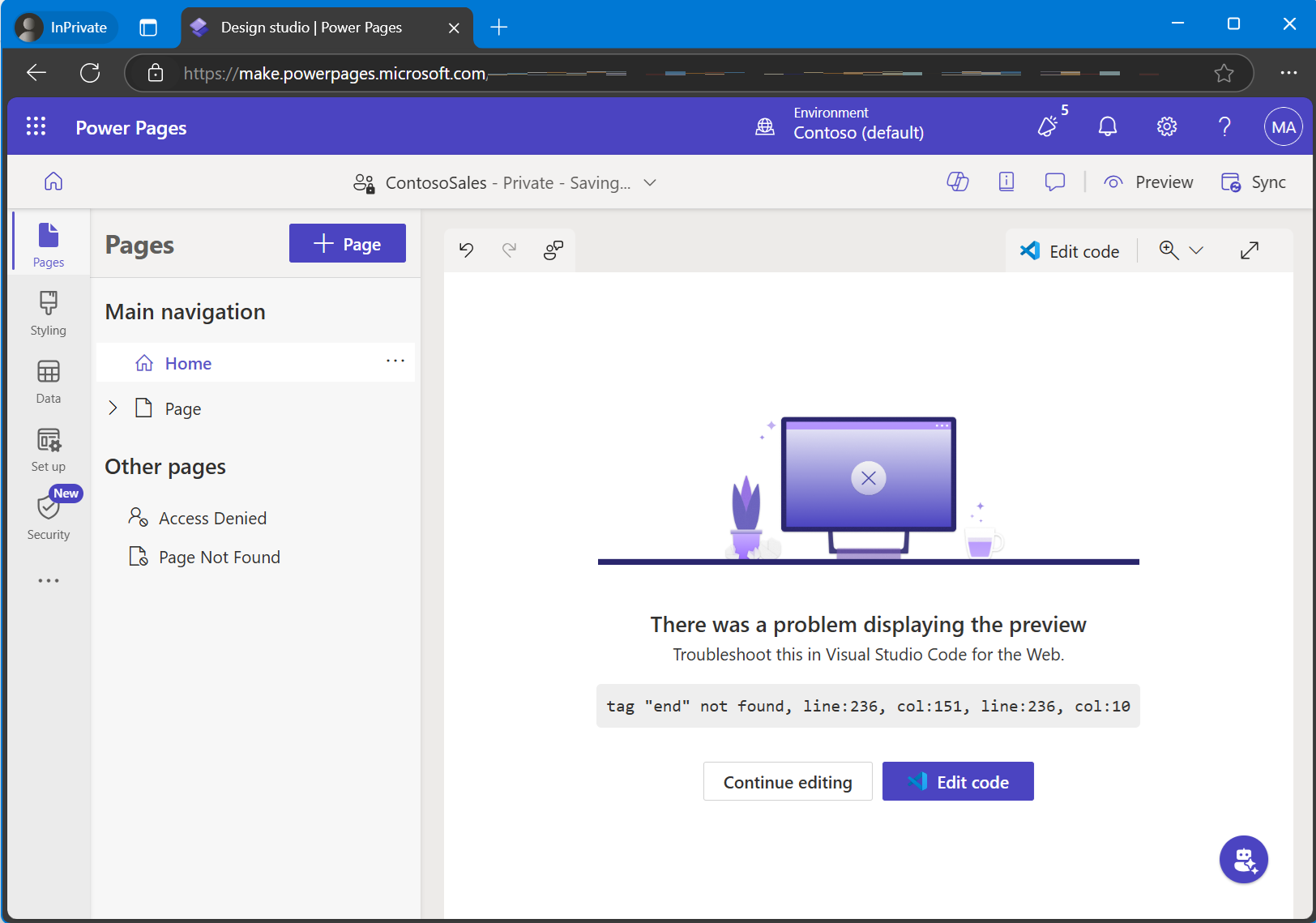 Boîte de dialogue d’erreur Liquid.