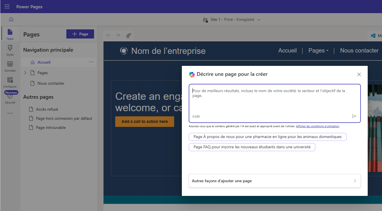 Capture d’écran illustrant l’option permettant de créer une page à l’aide de Copilot.