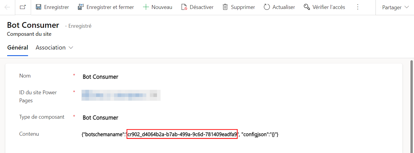 Capture d’écran des options générales pour Consommateur de bot avec la valeur JSON **botschemaname** mise en évidence.