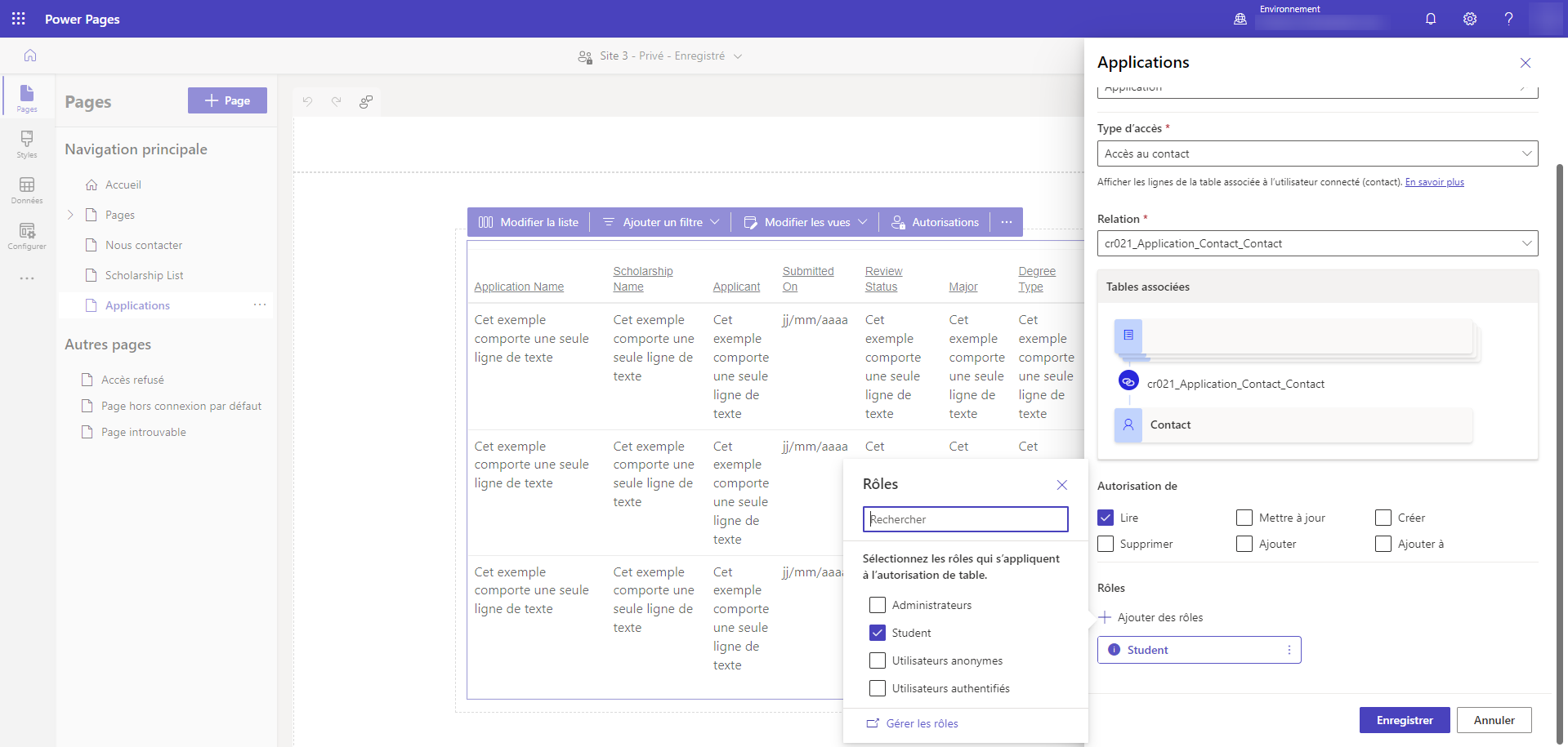 Capture d’écran montrant l’attribution du rôle Web de l’élève.