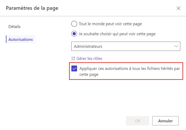 Capture d’écran des autorisations de page, avec le paramètre Hériter des autorisations sur les fichiers mis en surbrillance.