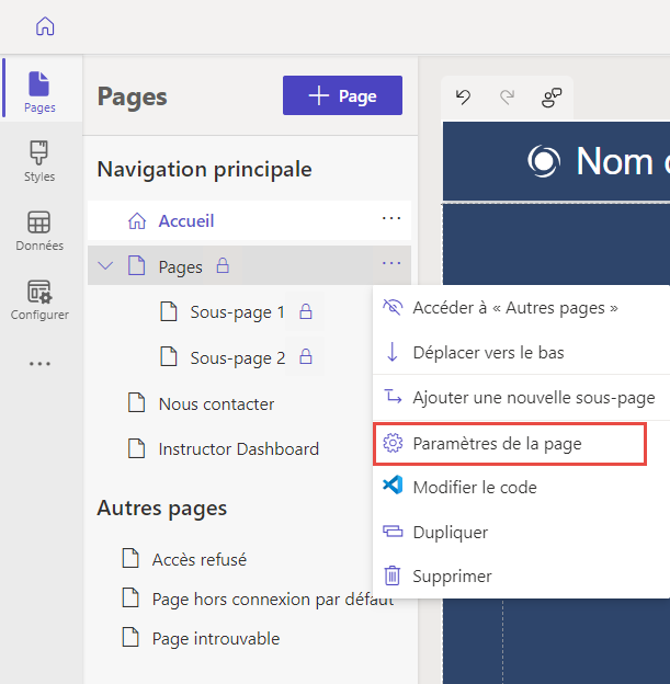 Capture d’écran de l’espace de travail Pages dans le studio de conception Power Pages, avec les paramètres de page mis en surbrillance.