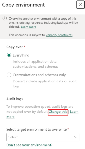 Sélectionnez Modifier cela pour inclure les journaux d’audit.