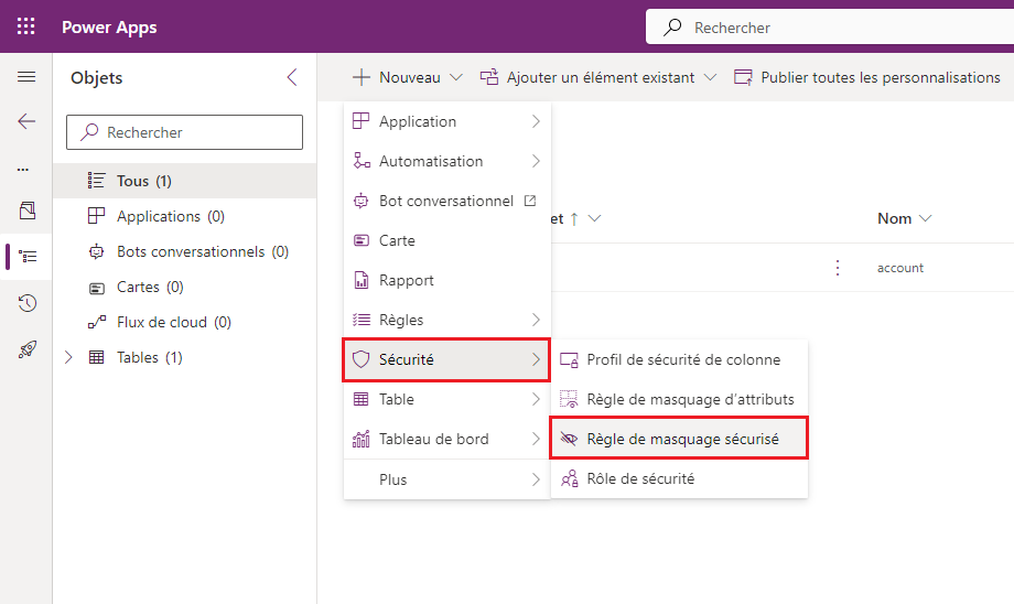Capture d’écran qui montre l’emplacement du bouton Règle de masquage sécurisée dans Power Apps.