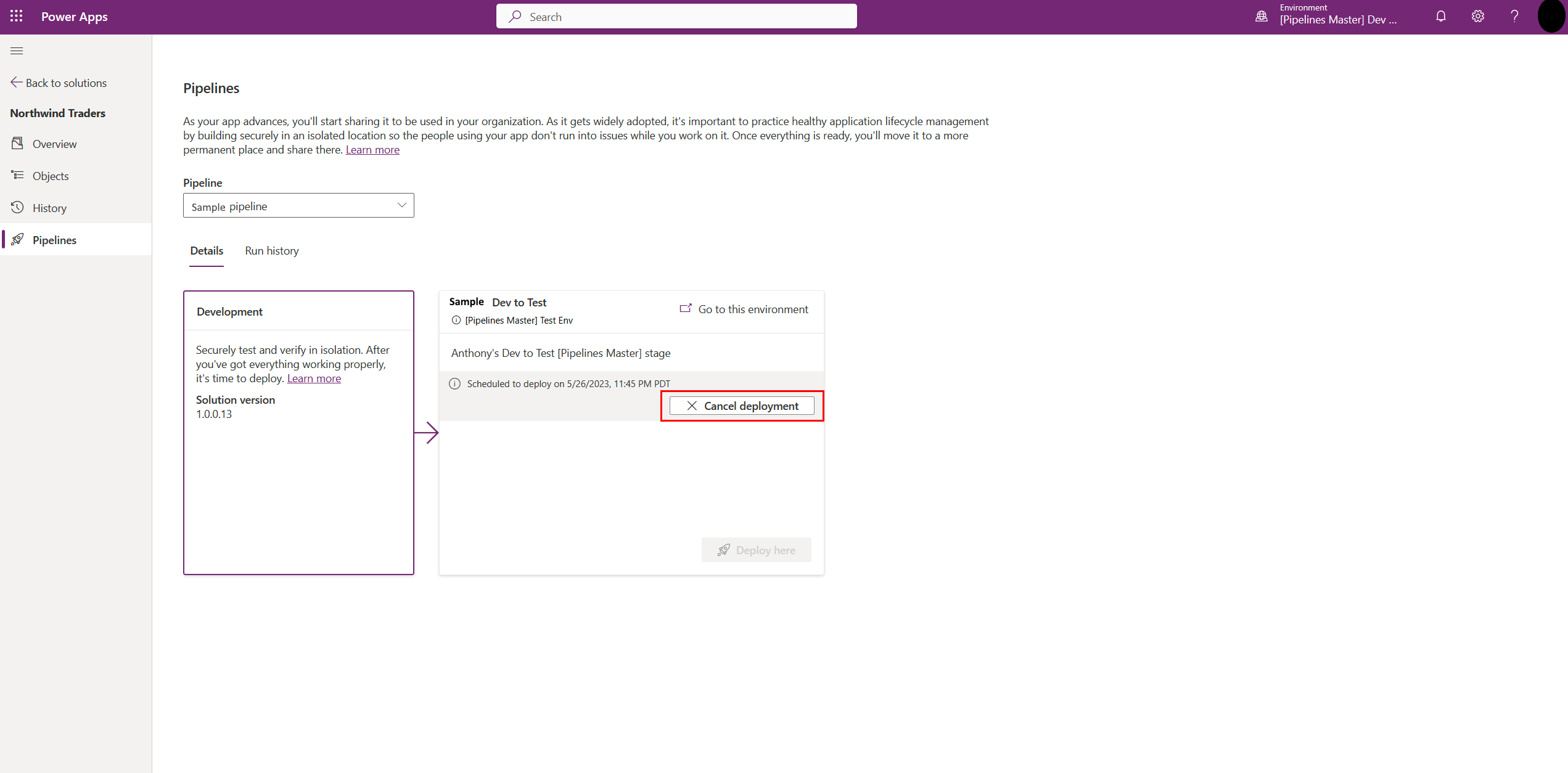 Capture d’écran de la page des pipelines avec un déploiement annulable