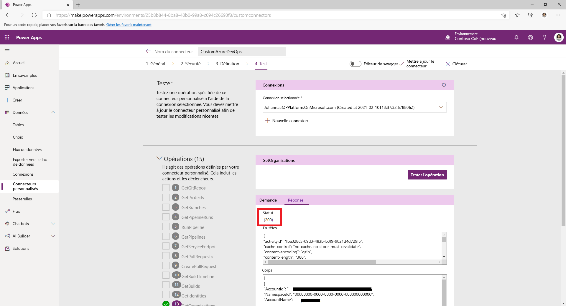 Capture d’écran des paramètres de sécurité de test pour un connecteur personnalisé Azure DevOps .