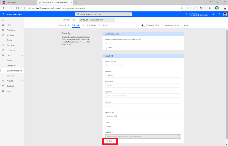 Capture d’écran qui montre comment vous pouvez modifier la section OAuth 2.0 de l’onglet Sécurité des connecteurs personnalisés.