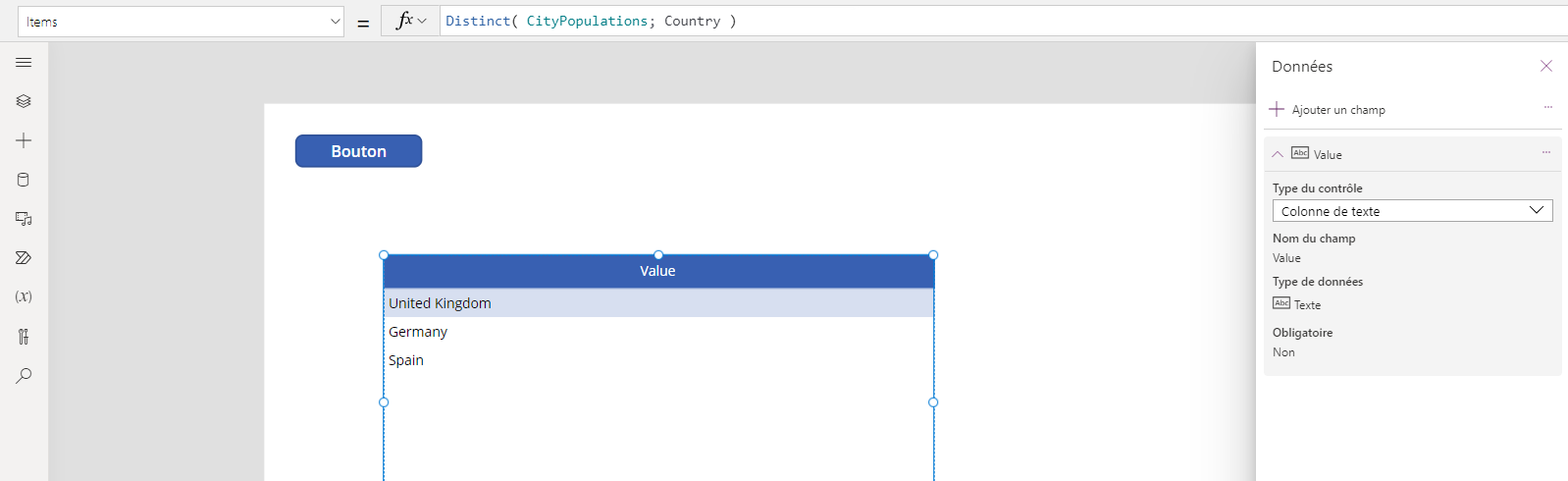 Sortie de la fonction affichée dans la table de Distinct données.