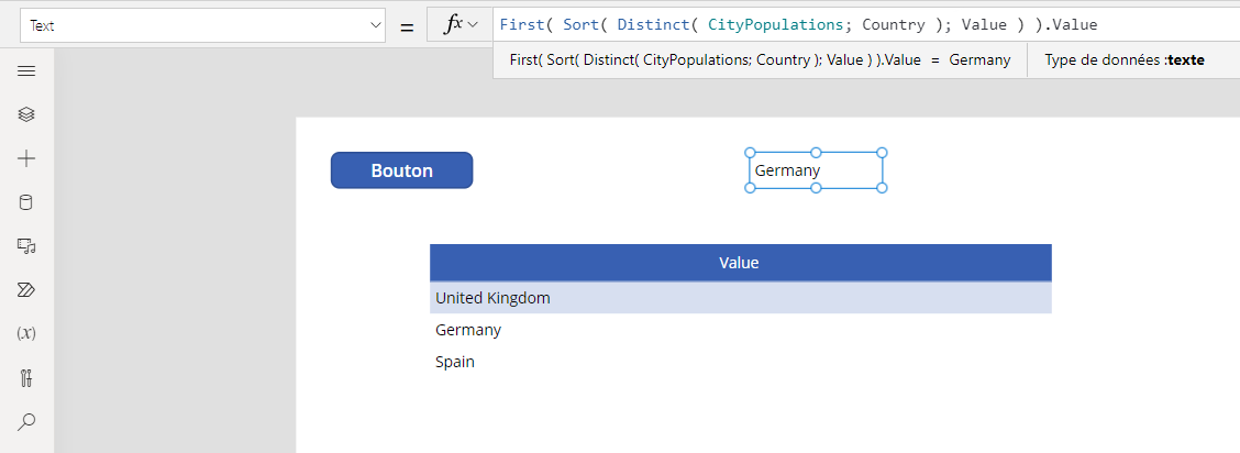 Sortie de la Distinct fonction montrant le premier pays/région par nom.