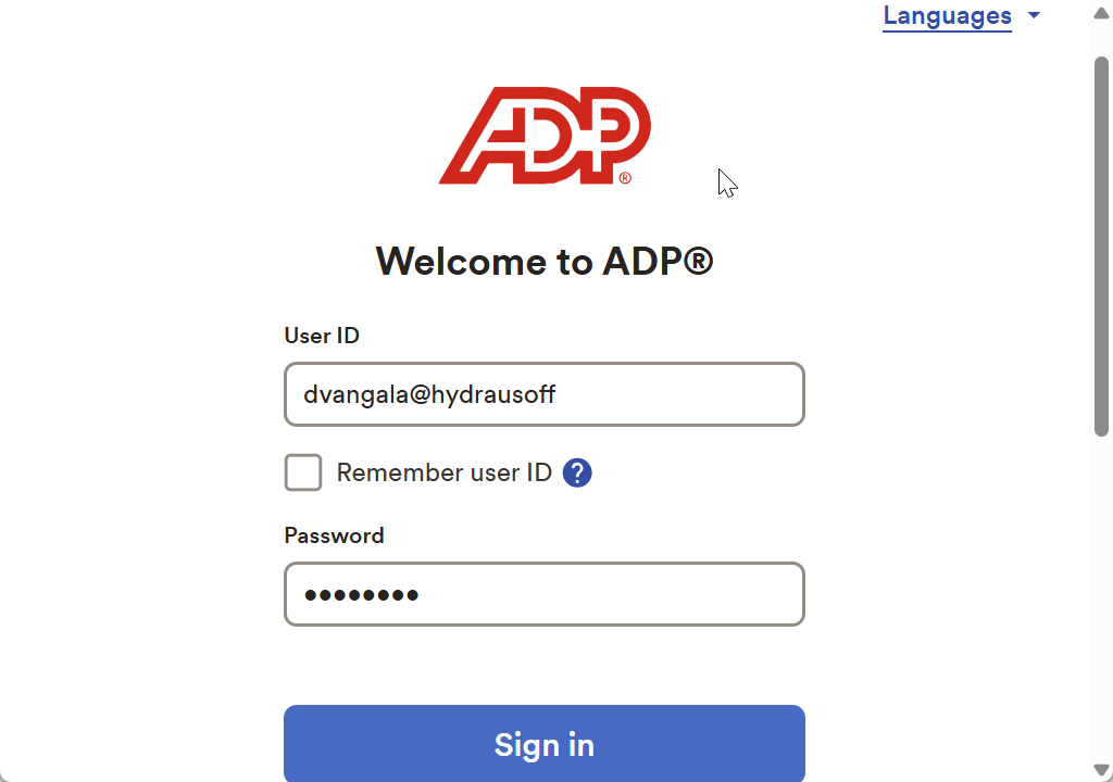 Capture d’écran de la fenêtre ADP dans laquelle vous entrez votre mot de passe dans ADP Analytics.