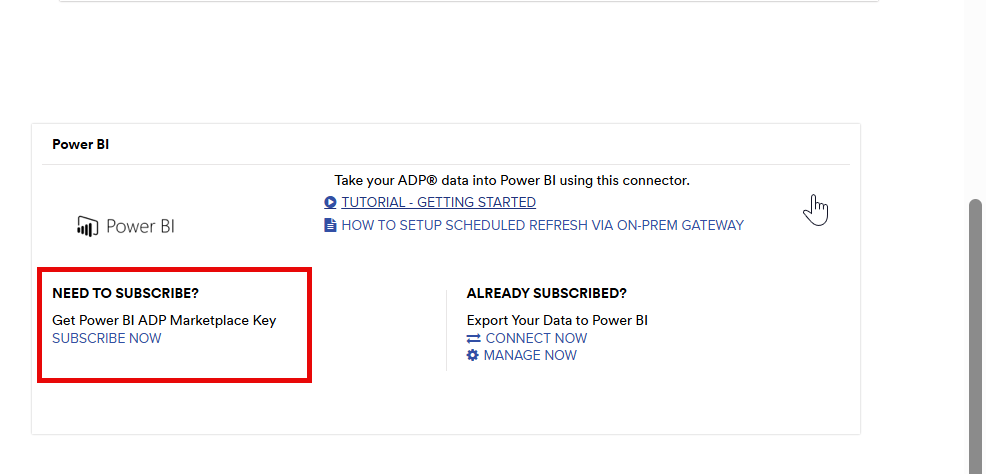 Capture d’écran du titre Power BI avec l’option S’abonner maintenant à ADP Analytics mise en évidence.