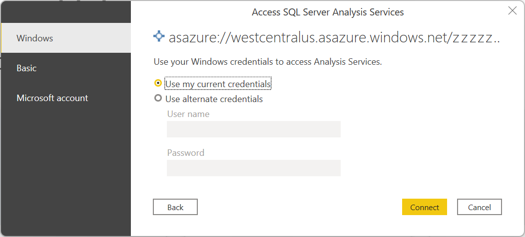 Authentification de la base de données Analysis Services.