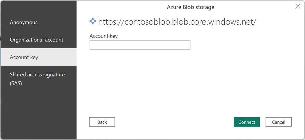 Capture d'écran de la zone de dialogue de connexion pour Stockage Blob Azure, avec la méthode d'authentification de clé de compte sélectionnée.