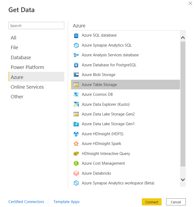 Capture d’écran de la boîte de dialogue Obtenir des données, montrant la sélection de la base de données Stockage Table Azure.