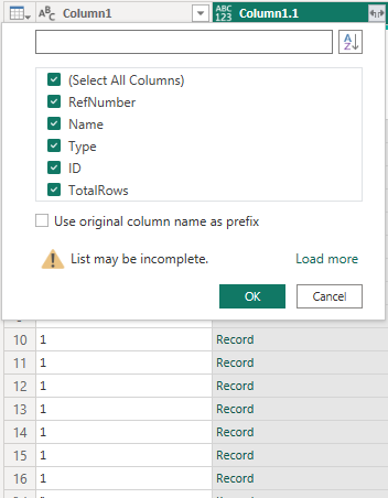 Capture d'écran montrant la colonne Data Column1.1 développée.