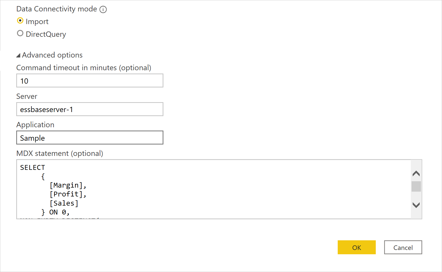 Authentification de connexion Essbase avec expiration de commande et groupe d'options avancées MDX définies.