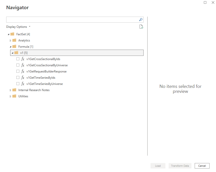 Capture d’écran de la boîte de dialogue Navigateur avec une liste de toutes les fonctions fournies.