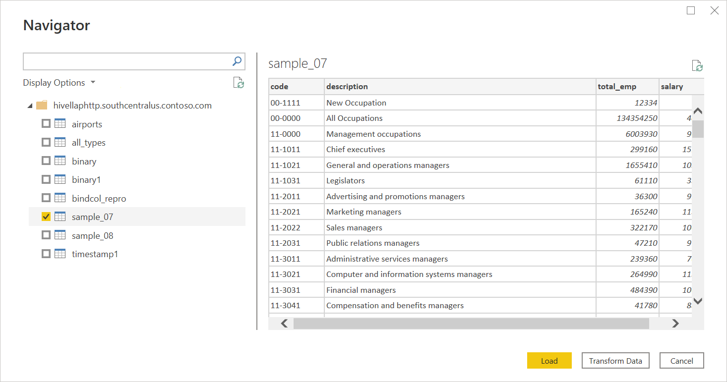 Navigateur d’importation de données Apache Hive LLAP.