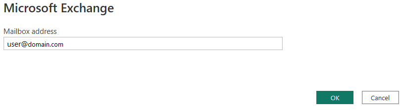 Screenshot of the Microsoft Exchange dialog, showing a mailbox address added with the format user@domain.com.