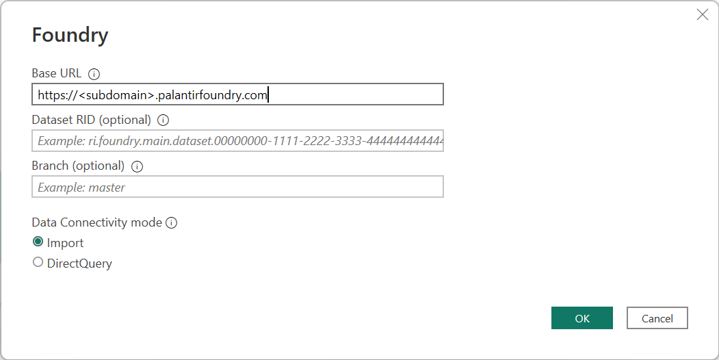 Capture d'écran des paramètres de connexion Palantir Foundry dans Power Query Desktop.