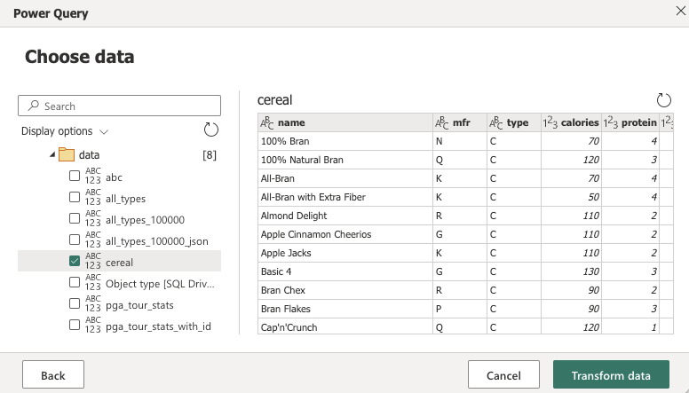 Capture d'écran du navigateur Power Query en ligne montrant l'ensemble de données sélectionné.