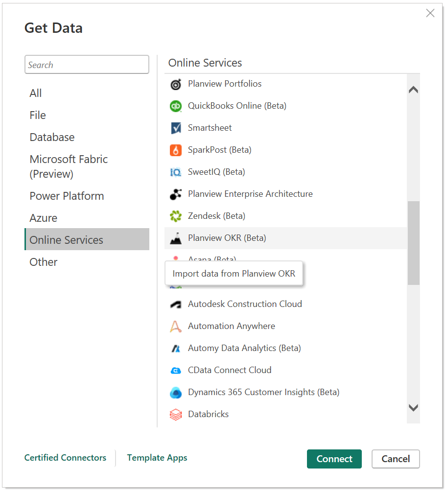 Capture d'écran de la catégorie Services en ligne et du connecteur Planview OKR mis en évidence.