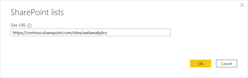 Image de la boîte de dialogue des listes SharePoint avec l’URL du site renseignée.