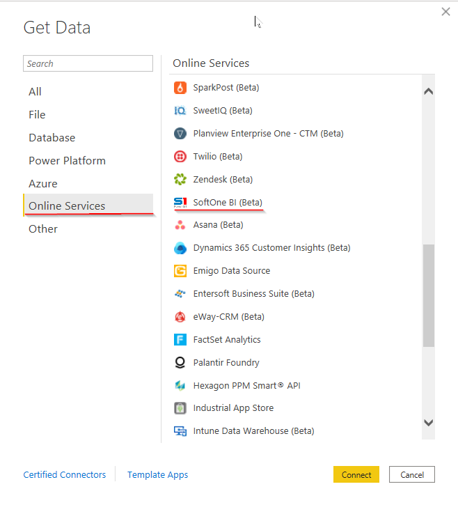 Sélectionner le connecteur SoftOne BI.