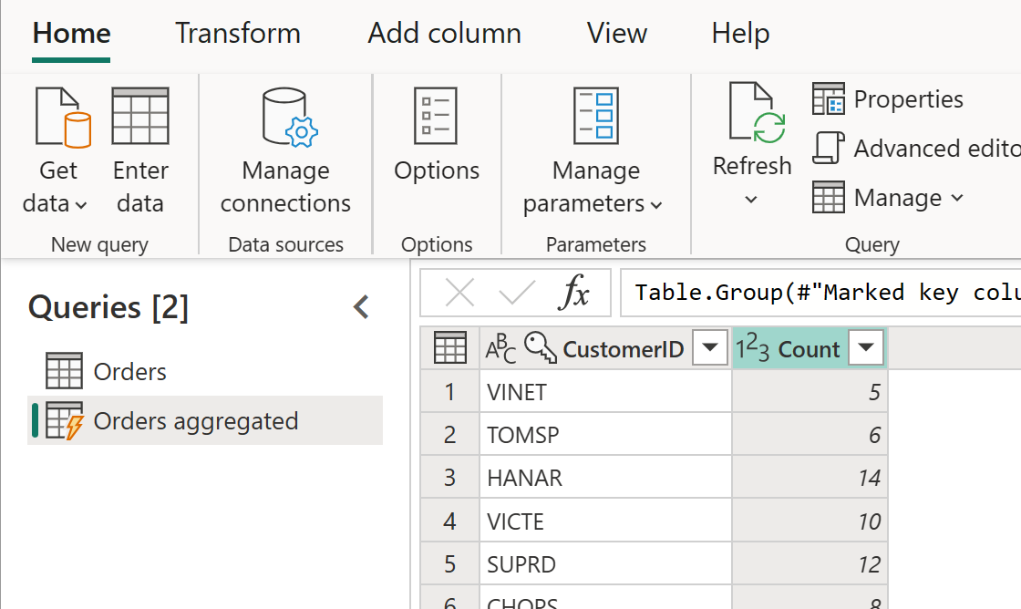 Capture d’écran de la table agrégée Orders avec la colonne Customer mise en évidence.