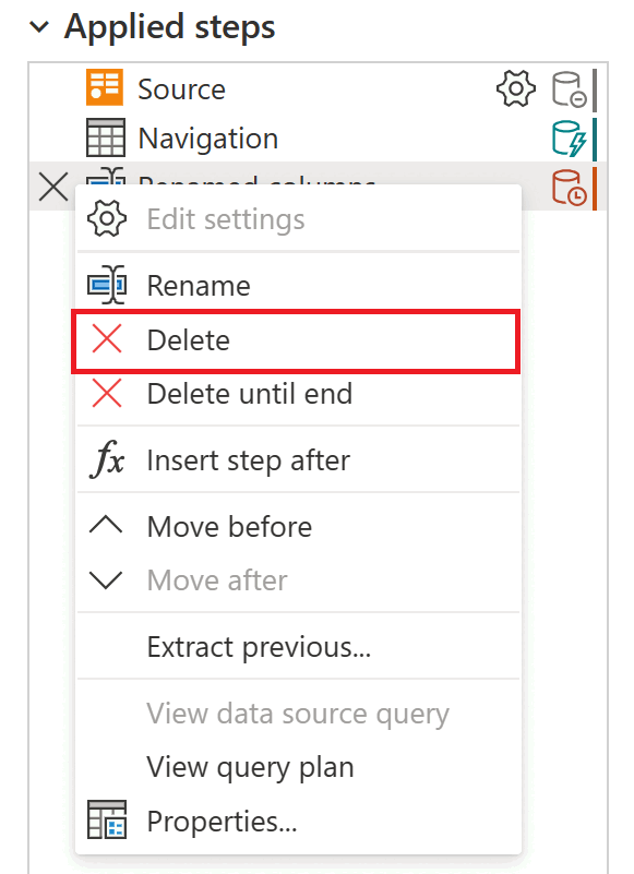 Capture d’écran du menu étape avec l’option de suppression mise en évidence.