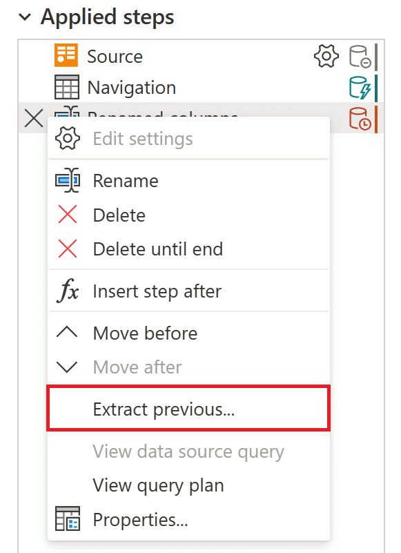 Capture d’écran du menu étape avec l’option Extraire l’option précédente mise en évidence.