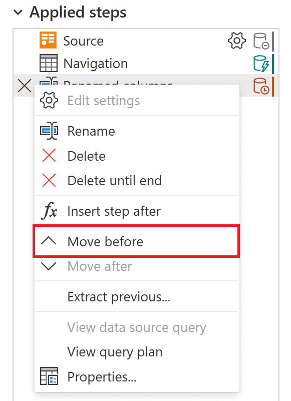 Capture d’écran du menu Étape avec l’option Déplacer vers le haut mise en évidence.