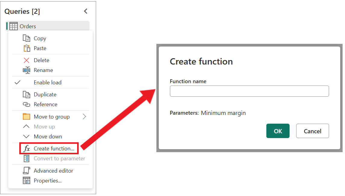 Capture d’écran de l’option Créer une fonction de menu contextuel Requêtes mise en évidence et boîte de dialogue Créer une fonction.