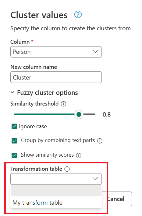 Capture d'écran des options de cluster flou avec le menu déroulant de la table de transformation réglé sur la table de transformation type.