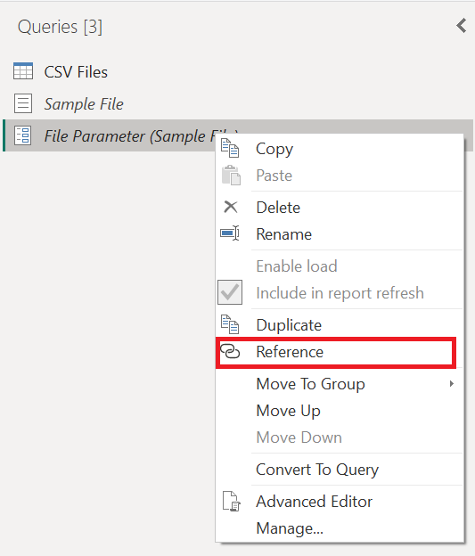 Capture d’écran avec l’option Référence sélectionnée pour File Parameter.