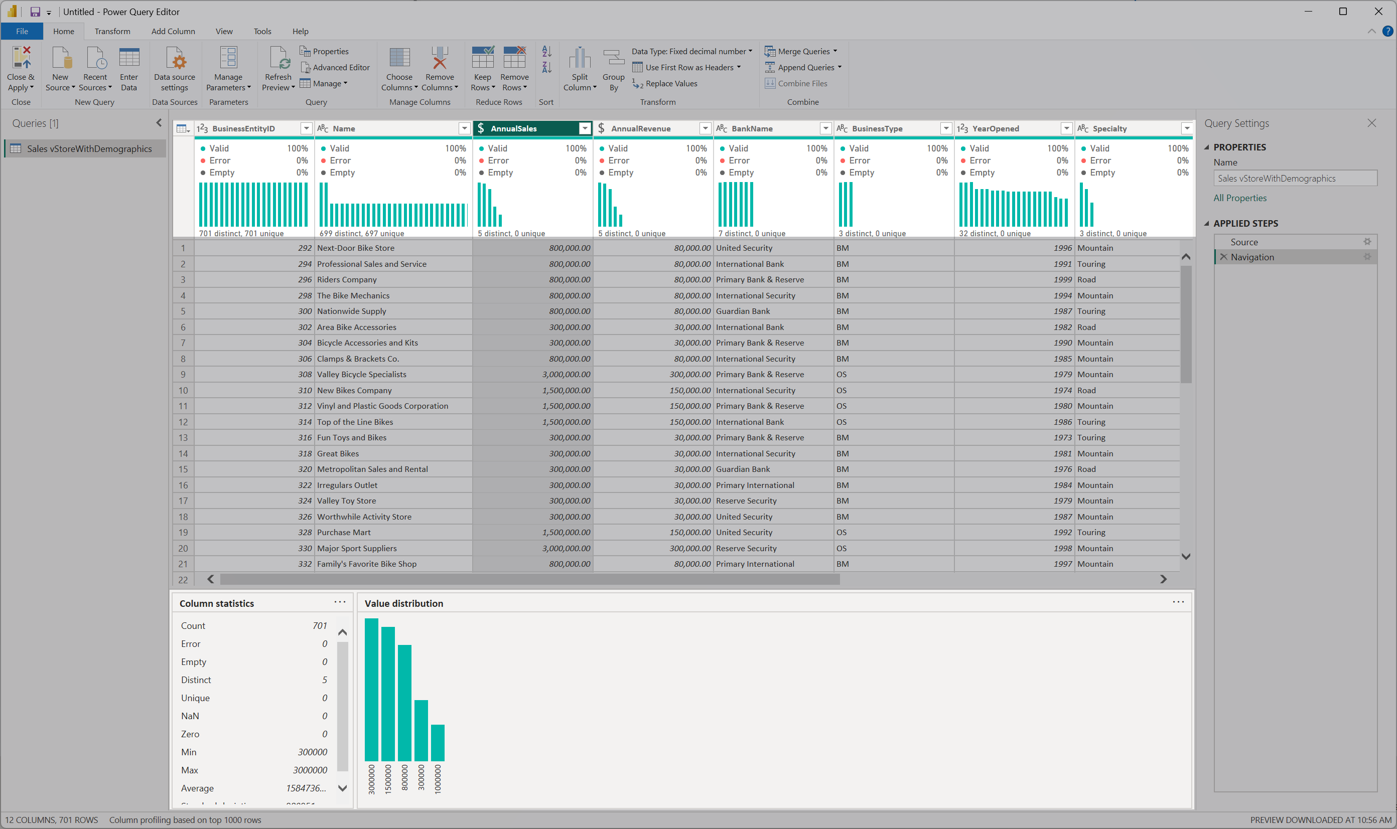 Capture d’écran des outils de profilage des données après leur configuration.