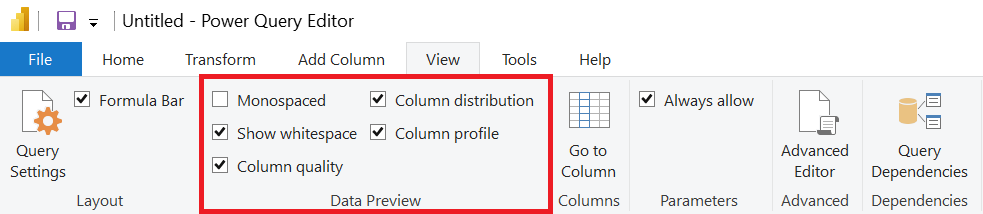 Capture d’écran des outils de profilage des données sélectionnés sous l’onglet Vue de Power Query.