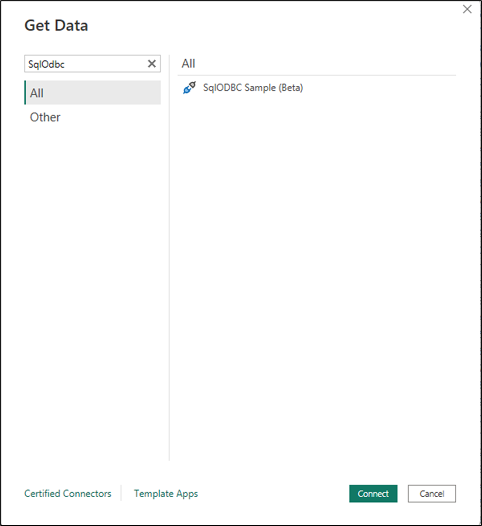 Capture d’écran du connecteur trouvé dans l’interface obtenir des données de Power BI Desktop.