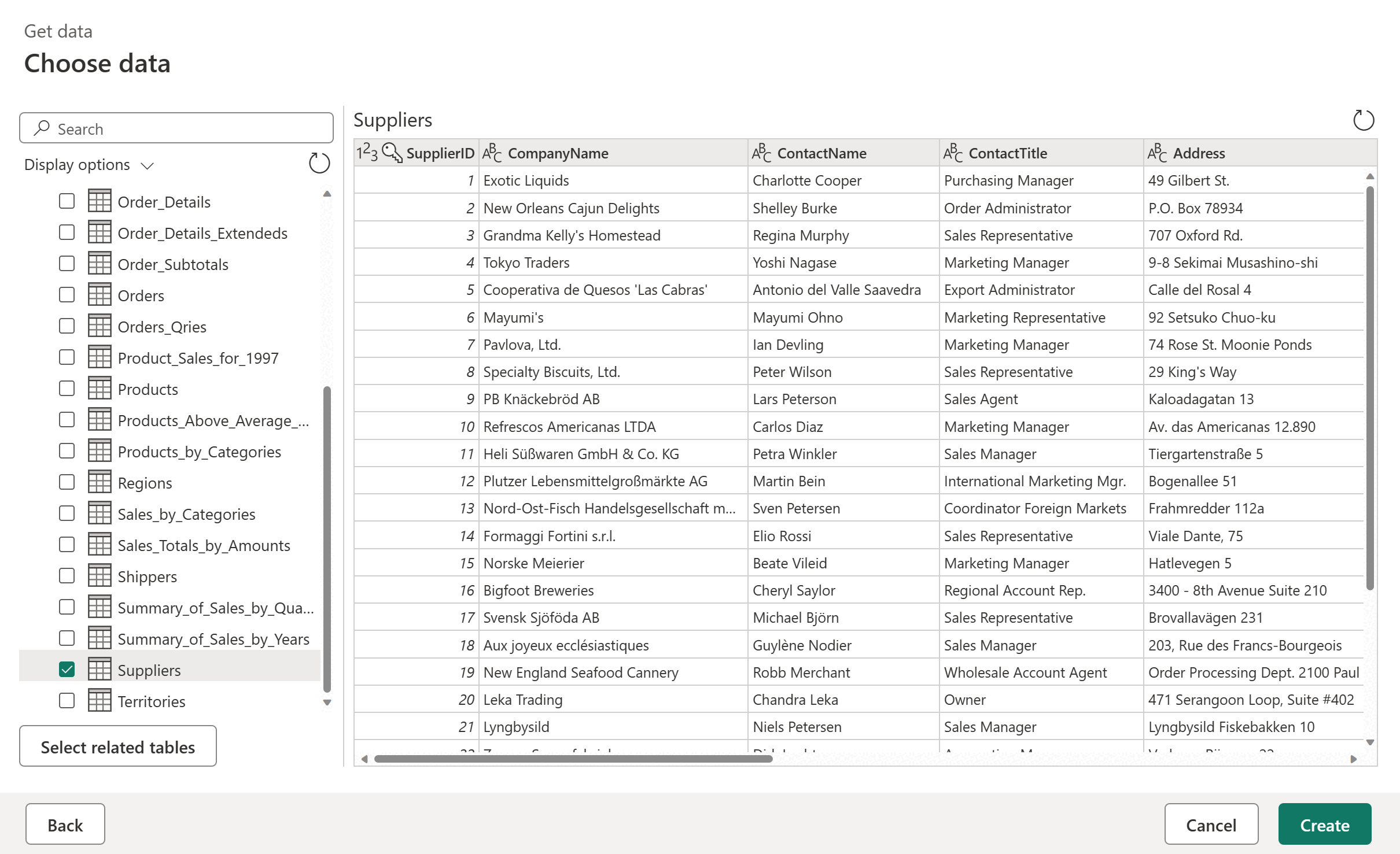 Capture d’écran du navigateur Power Query avec les fournisseurs OData Northwind sélectionnés.