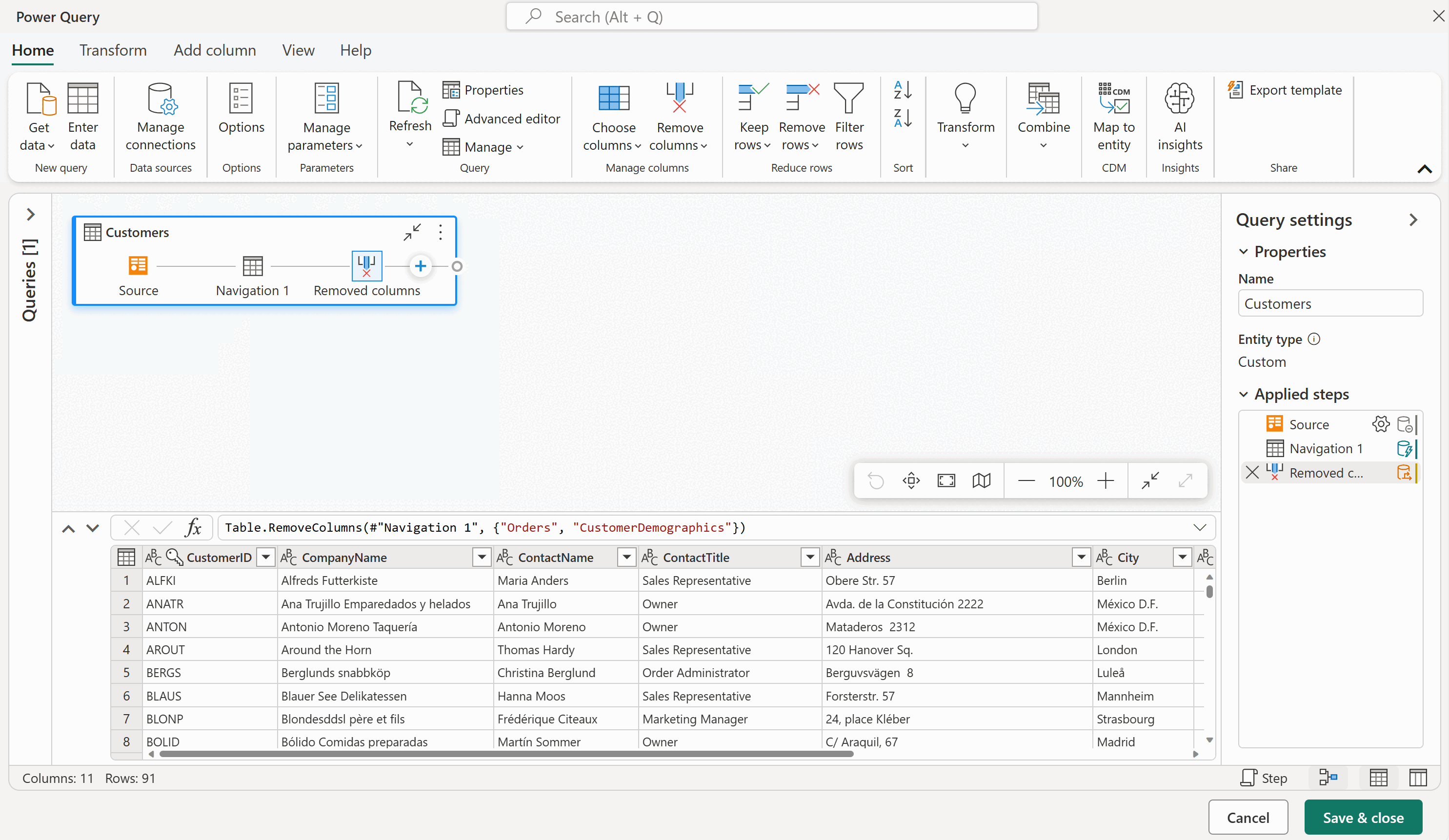 Capture d’écran de l’espace de travail Power Query montrant la vue diagramme avec la préversion des données.