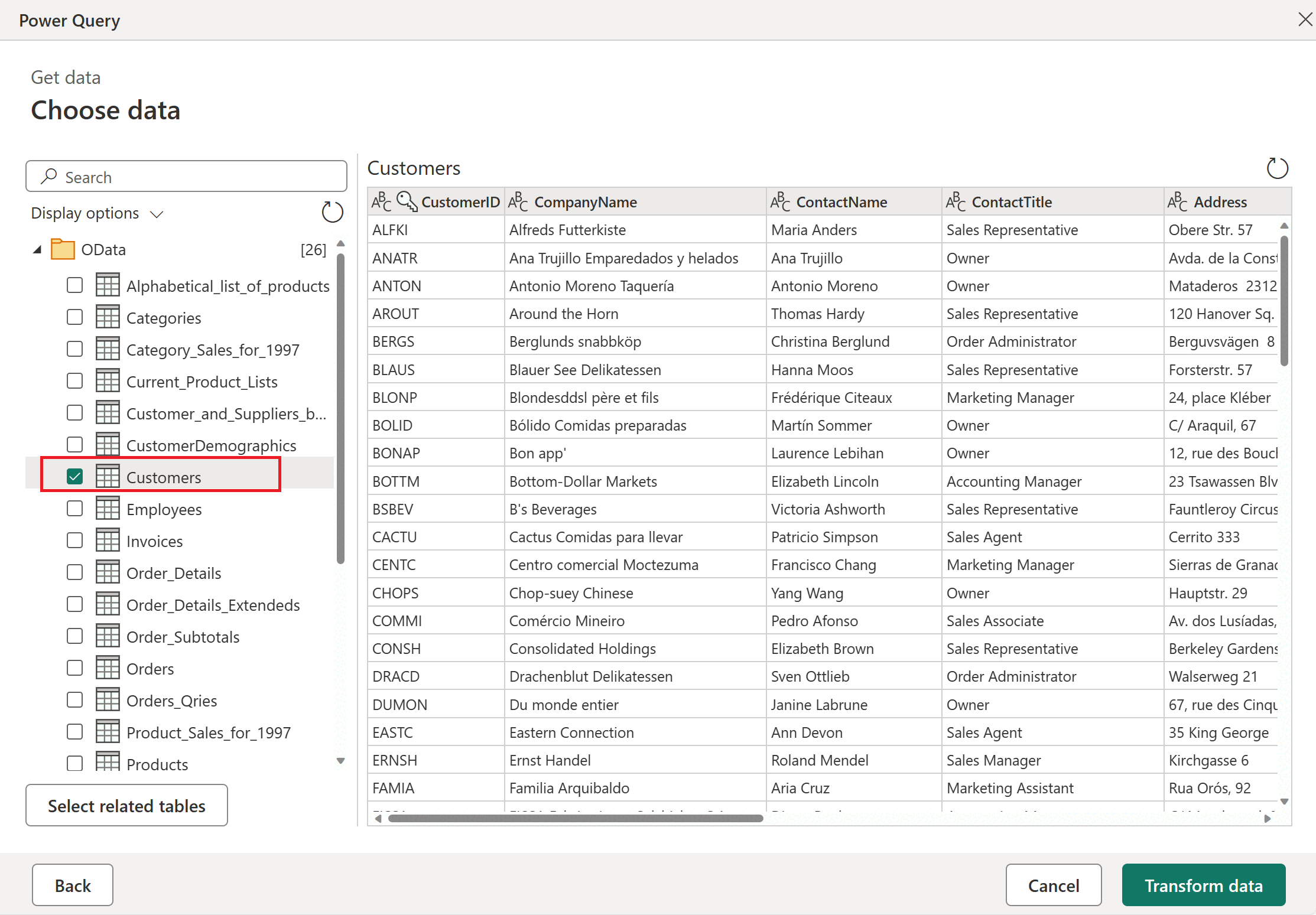 Capture d’écran de la page Navigateur Power Query avec la table Customers mise en évidence.