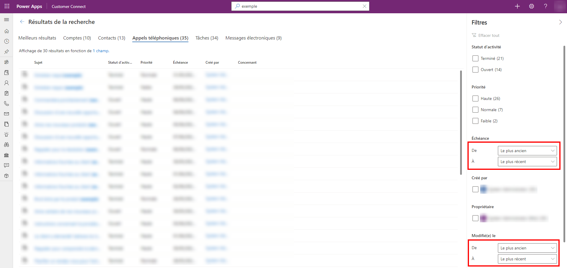 Les facettes Dû et Modifié le ont les valeurs De et À Les facettes Due et Modified On ont les valeurs From et To.