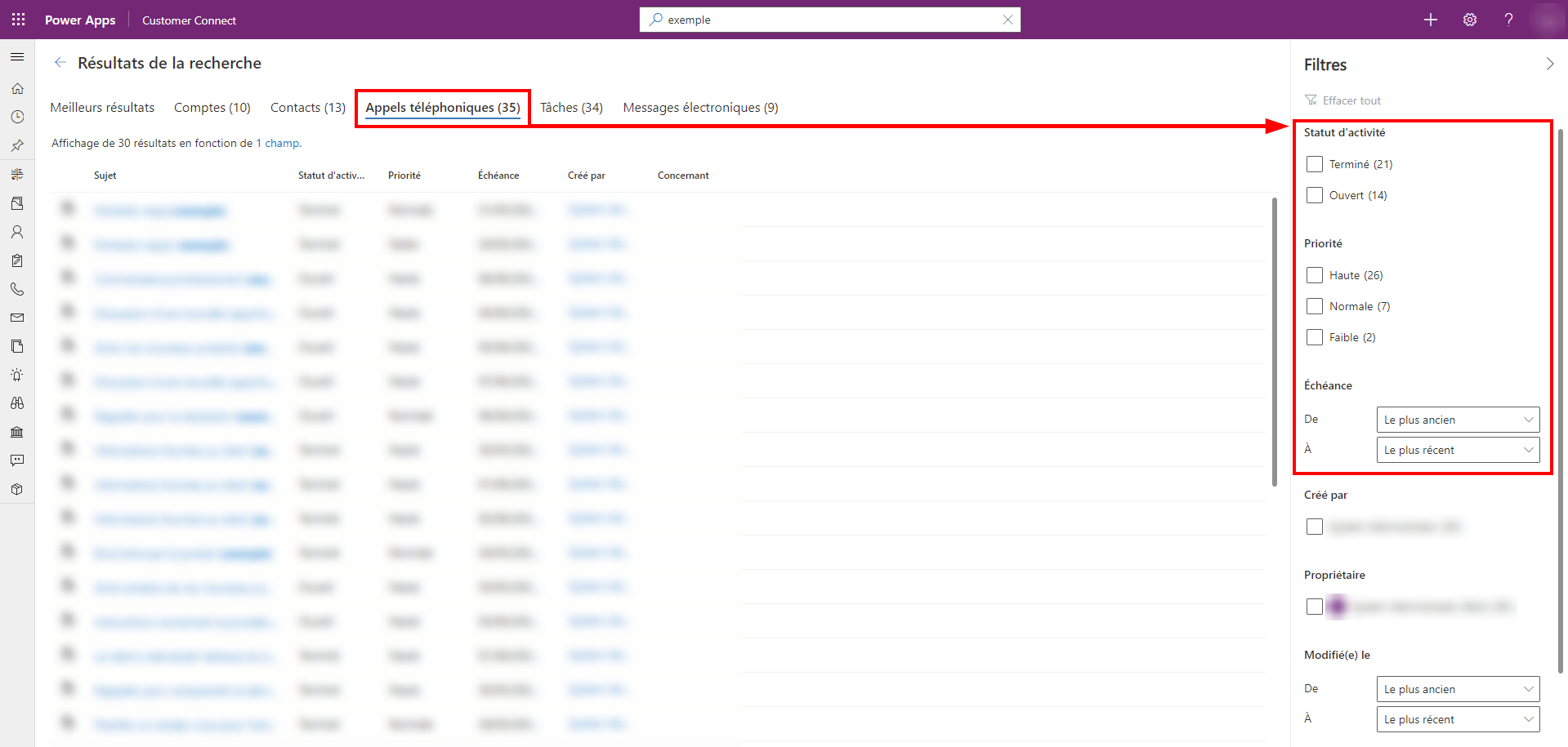 Statut d’activité, priorité et facettes d’échéance pour la table Appels téléphoniques Statut d’activité, priorité et facettes d’échéance pour la table Appels téléphoniques
