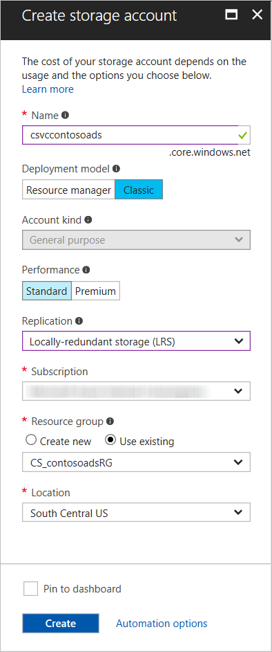 Nouveau compte de stockage