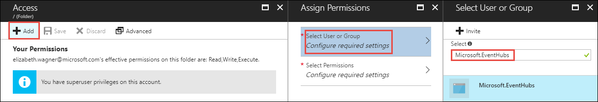Capture d’écran de la page Accès avec les options Ajouter, Sélectionner un utilisateur ou un groupe et Microsoft Eventhubs.