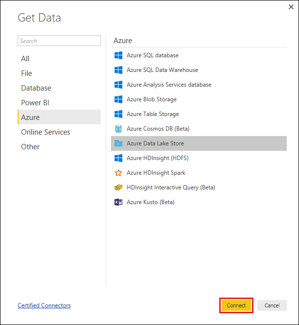 Capture d’écran de la boîte de dialogue Récupérer les données, avec l’option Azure Data Lake Store et l’option Connexion mises en évidence.