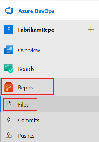Screenshot that shows the Azure DevOps menu with the Repo menu expanded and Files selected.