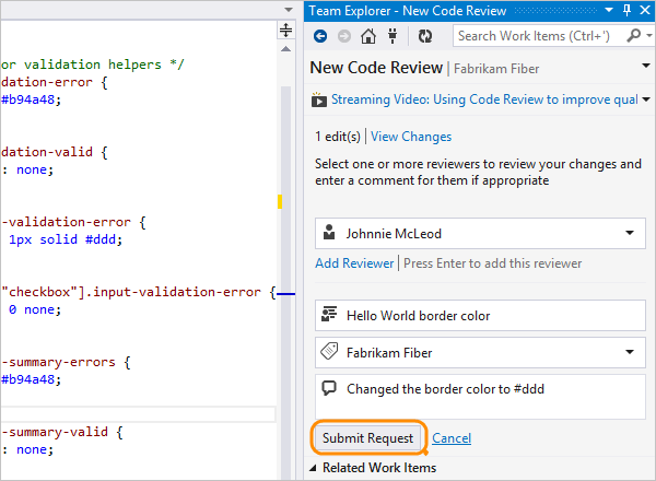 Submit request button on the filled out new code review page in the teamexplorer